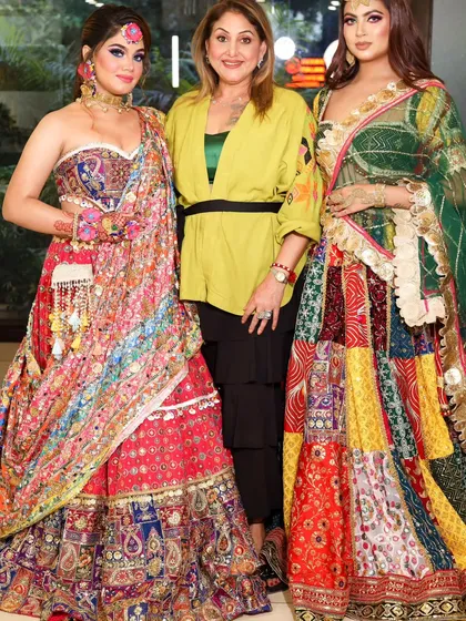 With celebrity makeup artist Meenakshi Dutt, showcasing my colorful patchwork lehengas perfect for Mehendi or Haldi functions.
