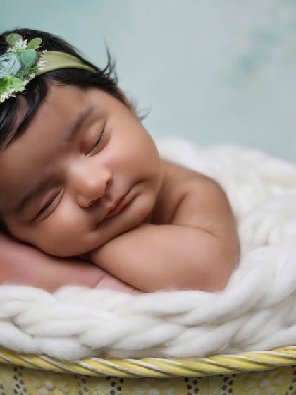 A sleeping newborn rests her head on her hands in a basket lined with a chunky white knit blanket, creating a cozy and angelic portrait.