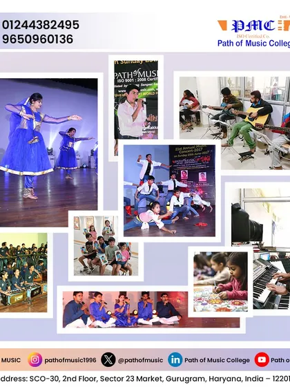 This collage captures the diverse artistic expressions at our college. You can see students engaged in Kathak dance, group vocal sessions, keyboard practice, and modern dance performances.