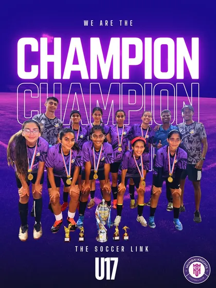 Our U17 squad celebrating their championship win at The Soccer Link tournament, holding the trophy and individual awards high.