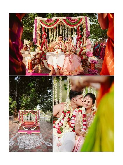 A collage showcasing the beautiful floral swing (oonjal) ceremony, a vibrant and joyful part of a Brahmin wedding.