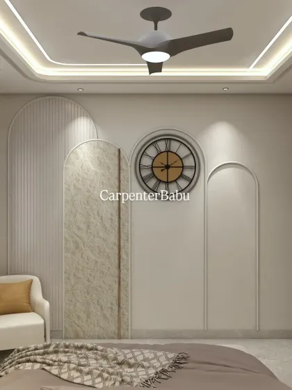 The wall opposite the bed features a series of arched panels, one with a marble finish, creating a beautiful and artistic feature wall.