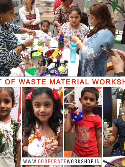 A collage showing the lively atmosphere of our upcycling workshops. We provide a space for imaginative exploration with a focus on recycling.