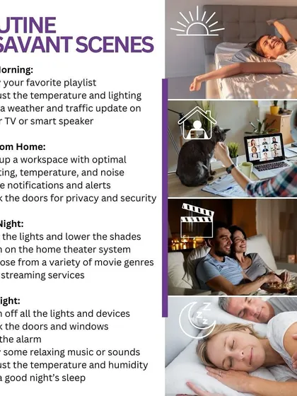 This infographic illustrates the power of routine automation with Savant Scenes. From a "Good Morning" scene that plays your favorite playlist to a "Movie Night" that sets the perfect theater ambiance, your day is simplified.