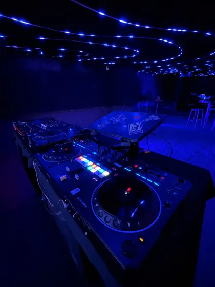 The setup for my 'Back to the Future' themed gig. The starry blue lights set the perfect mood for a night of throwback beats and future classics.