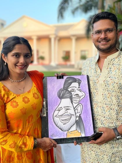 This happy couple loved their caricature from the Haldi function.
