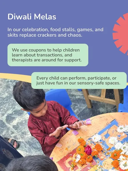 Our Diwali Melas are a perfect example of inclusive celebrations. We replace crackers and chaos with food stalls, games, and skits. Therapists are always around for support, ensuring every child can participate and have fun in our sensory-safe spaces.