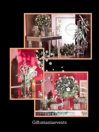 Close-up shots of the floral and decorative details. Note the silver reindeer accent, the tall glass vases with baby's breath, and the regal crown piece, all contributing to the sophisticated silver glam birthday theme.