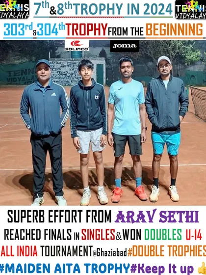 A great performance from Aray Sethi, reaching the finals in singles and winning the doubles U-14 All India Tournament, securing his maiden AITA trophy.