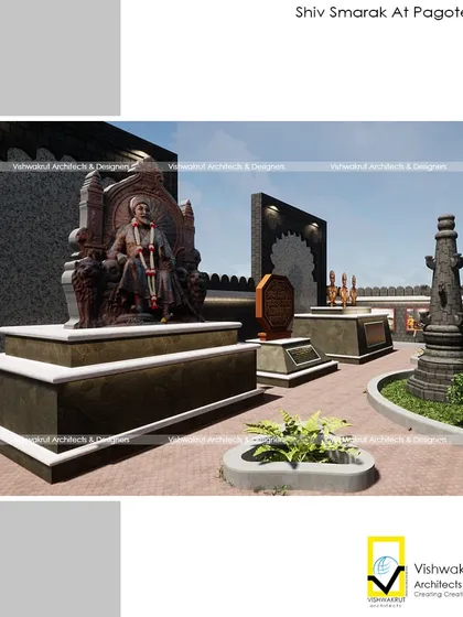 This perspective shows the relationship between the main statue, the Rajmudra, and the other historical busts within the memorial complex.