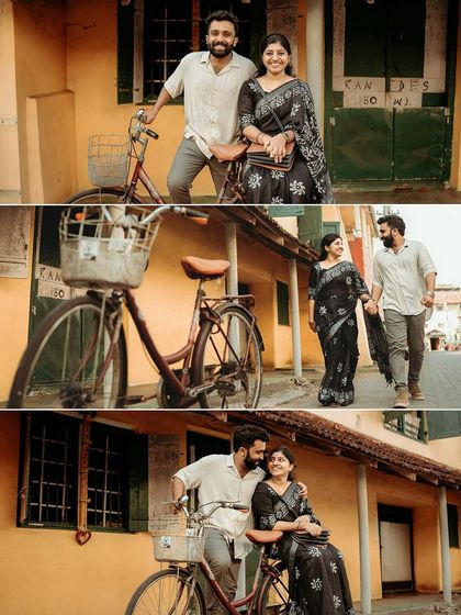 A series of moments from a Fort Kochi pre-wedding shoot, featuring a vintage bicycle that adds to the timeless, rustic charm of the location.