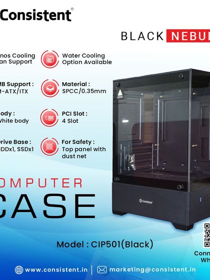 The Black Nebula computer case offers a clean and modern look with a full tempered glass side panel. It supports M-ATX/ITX boards, has options for water cooling, and includes a top panel dust net for safety.
