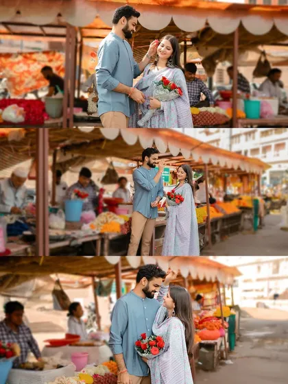 A collage of three moments from a flower market shoot, showing the progression of a playful interaction.