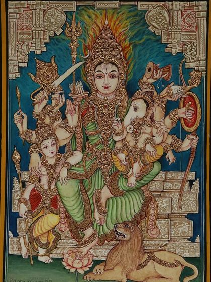 As we prepare for the Gowri Ganesha festival, we are delighted to introduce this beautiful painting of Goddess Parvati with her two children, Ganesha and Subramanya, a perfect addition for the occasion.