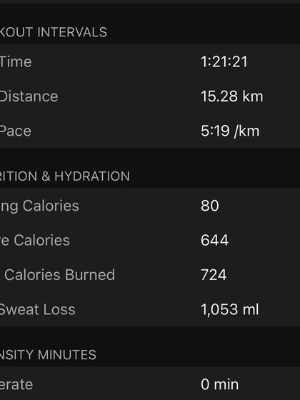 Detailed metrics from a 15km run, including calories burned and sweat loss. This information is vital for creating a personalized nutrition and hydration plan.