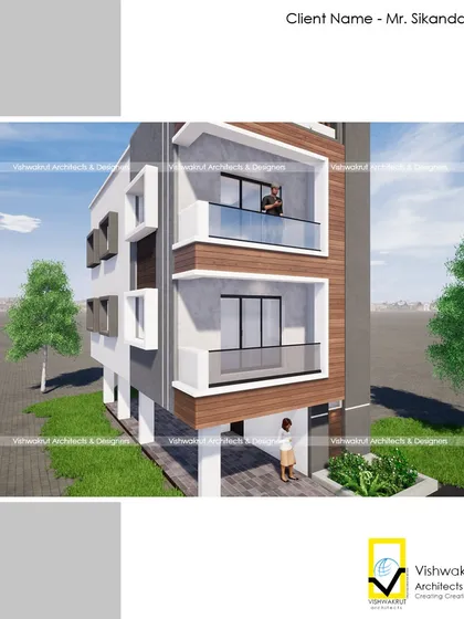 Another view of the 3BHK house on a tiny plot in Roha, showing how the balconies are stacked to create a functional and aesthetic facade.