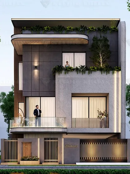 A 240 sq. yard home designed for a plot in Noida. The facade features a curved canopy over the top-floor balcony and integrated planters, softening the building's rectilinear form.