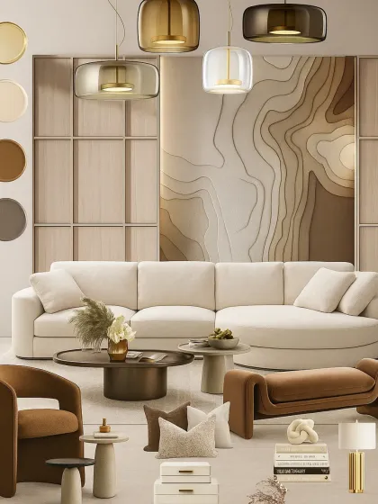 This mood board showcases a harmony of warm neutrals and sculptural elegance, using cozy curves, earthy tones, and modern textures for a grounded, sophisticated interior.