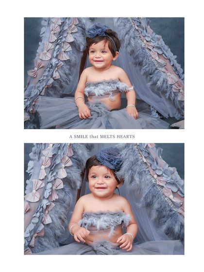 A collage from the whimsical feather-themed shoot, showing off the baby's heart-melting smile from different angles.