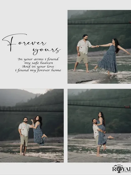 A four-panel collage showcasing a couple's fun and romantic moments in and around the river.