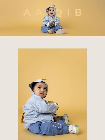 A collage featuring a toddler named Aaqib in his cute blue outfit. The simple, clean layout is perfect for showcasing multiple poses from a single studio session.
