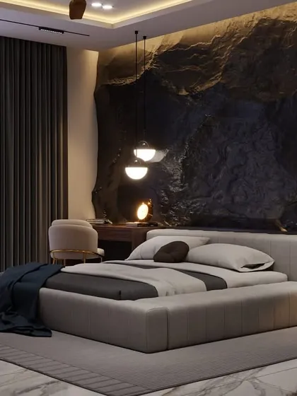 A final view of the dark bedroom concept, showcasing the interplay of light and texture. The design is perfect for anyone looking to create a bold and personal statement in their private space.