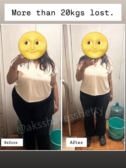 This mentee lost over 20 kgs with my program after struggling with unsustainable crash diets. We created a plan tailored to her lifestyle with long working hours, focusing on home-cooked food, 8-10k steps, and 2-3 workouts a week.
