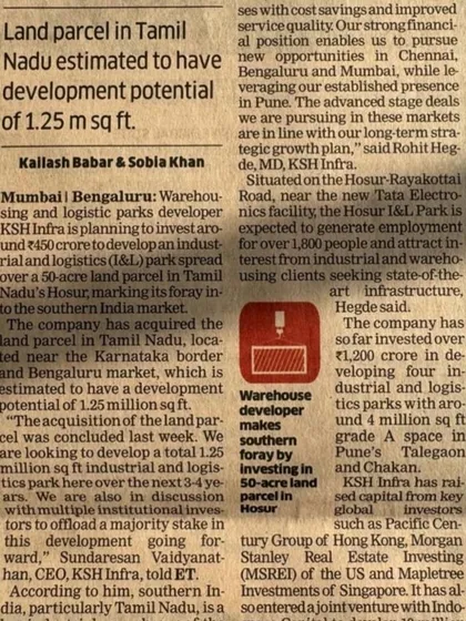 A media feature in The Economic Times covering our advisory role for KSH Infrastructure. Our team, led by Senior Partner Jayaprakash Padmanaban, facilitated the acquisition of a 50-acre land parcel in Hosur for the development of a major industrial and logistics park.