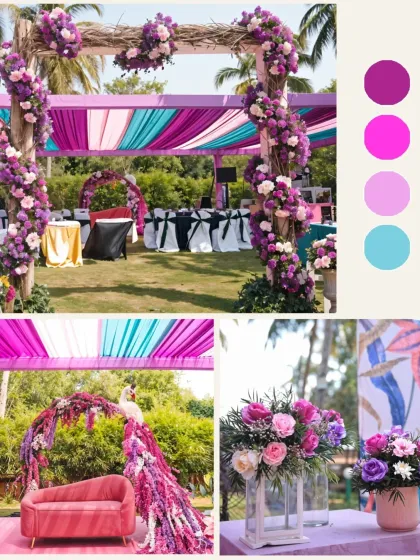 A mood board showcasing a modern Haldi palette of magenta, pink, and turquoise. This demonstrates how to move beyond yellow for a fresh and vibrant celebration.