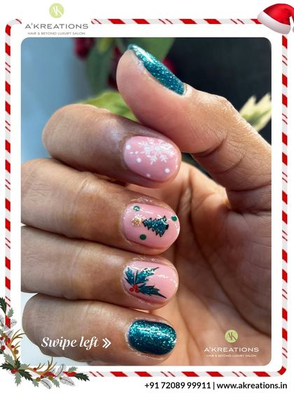 This perspective showcases the combination of different festive elements in one cohesive and fun holiday manicure.