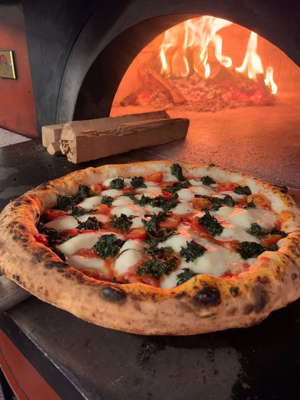 A spinach and garlic pizza, hot out of the oven.