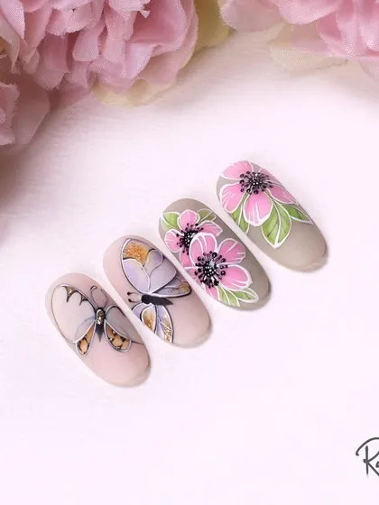 This image pairs delicate butterfly paintings with soft pink flowers.