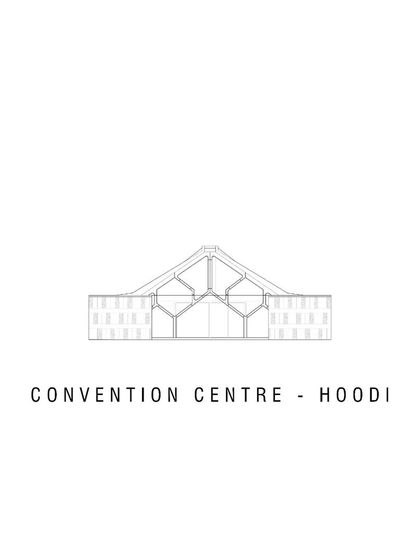 A frontal elevation diagram of the Hoodi Convention Center, emphasizing the symmetrical and iconic form of the main building.