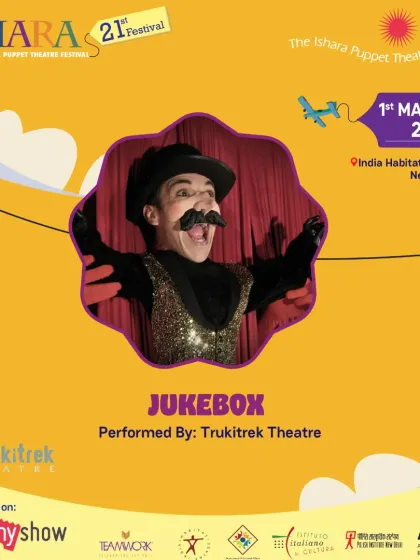 The official poster for 'Jukebox', a high-energy cabaret show from Trukitrek Theatre, Italy. The bright yellow design and charismatic puppet promise a performance full of fun and music.
