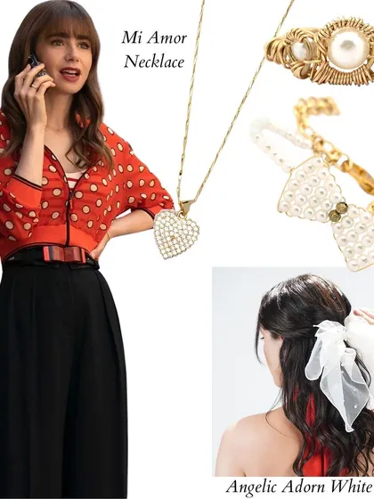 Get the retro "Emily in Paris" vibe with this look. A red polka dot top is styled with my Angelic Adorn White Bow, a pearl bow bracelet, and a heart pendant for a playful and chic ensemble.