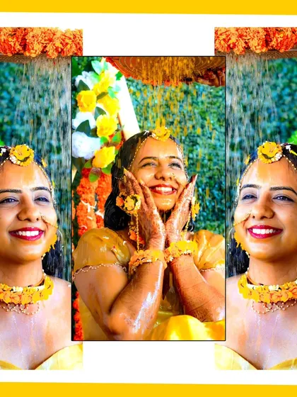 A collage capturing the pure joy of the Haldi ceremony. The bride's radiant smile as she's covered in turmeric is a moment of pure happiness.