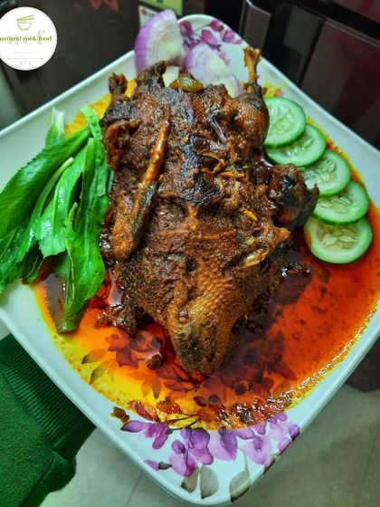 A whole duck curry, plated and ready to be served with fresh greens and cucumber.