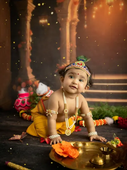 A dynamic crawling pose, capturing the playful energy of Bal Gopal.