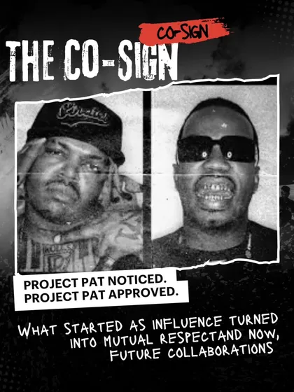 The co-sign. This graphic celebrates the moment Project Pat acknowledged the homage, turning influence into mutual respect.