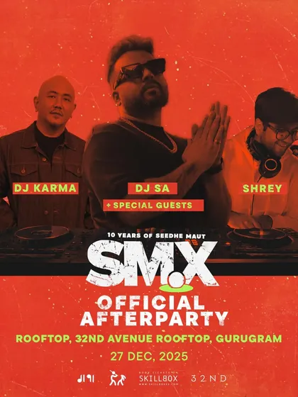 The official afterparty announcement for the Seedhe Maut show in Gurugram, featuring a lineup of top DJs.