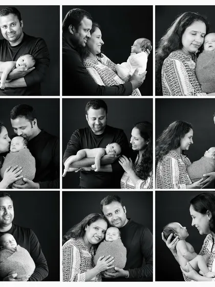 A collage of black and white photos from a newborn session, capturing the love and connection between the new parents and their baby.