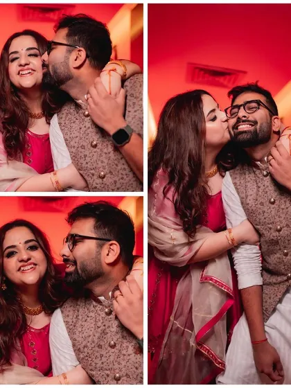 A collage of sweet and affectionate moments from the Mata ki Chowki. The warm red lighting adds to the romantic and intimate feel of these candid couple portraits.