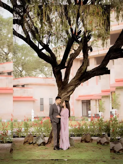 An artistic, mirrored image of a couple standing under a large tree, creating a unique visual effect.
