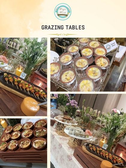 This collage showcases our grazing table offerings, featuring everything from paneer skewers and sushi to individual dessert cups. It highlights our ability to create a diverse and visually appealing spread for any event.