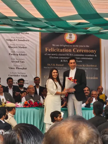 Being felicitated on stage as part of the newly elected RCBA committee members. This recognition by my peers is not just an honor, but a responsibility to work for the betterment of the Rohini Court Bar Association and support all its members.