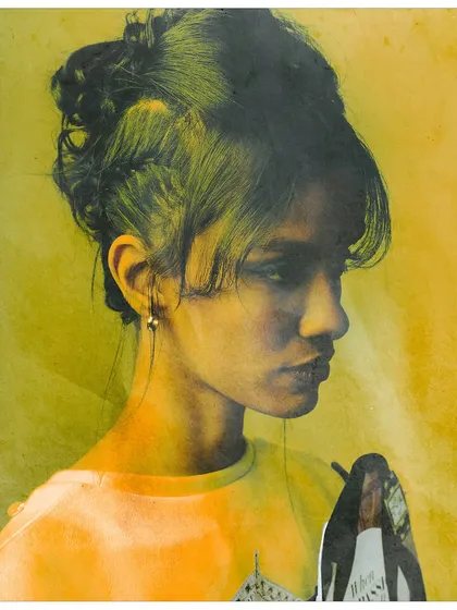 A profile portrait with a textured, painterly effect. The collaged element near the bottom adds a layer of complexity, blending art, fashion, and media critique.