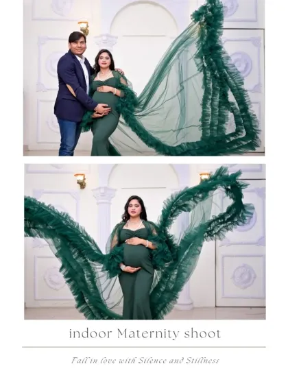 This graphic showcases the dramatic effect of our flowing gowns. The sheer green tulle creates a beautiful, ethereal look for both solo and couple's maternity portraits.