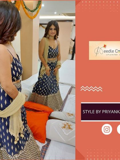 A custom-designed blue and gold printed lehenga with a delicate strappy blouse. This is a great option for attending a Sangeet or a festive party.