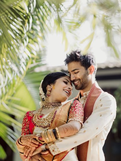 An embrace under the soft, filtered sunlight of our gardens. This is the kind of natural light that makes for effortlessly romantic pre-wedding or wedding day portraits.