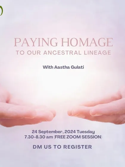Pitru Paksha is a time to pay homage to our ancestral lineage, honoring the blessings and releasing the burdens. This poster invites you to a free group healing and recitation session to align with your legacy and open up to the resources meant for you.